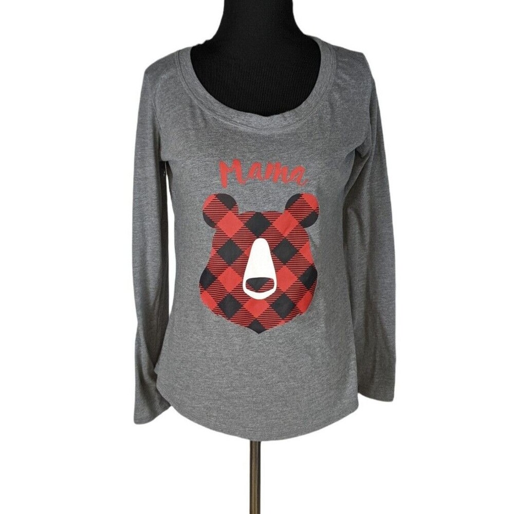 Mama Bear Buffalo Plaid Graphic Long Sleeve Scoop Neck Grey Sleep Top S